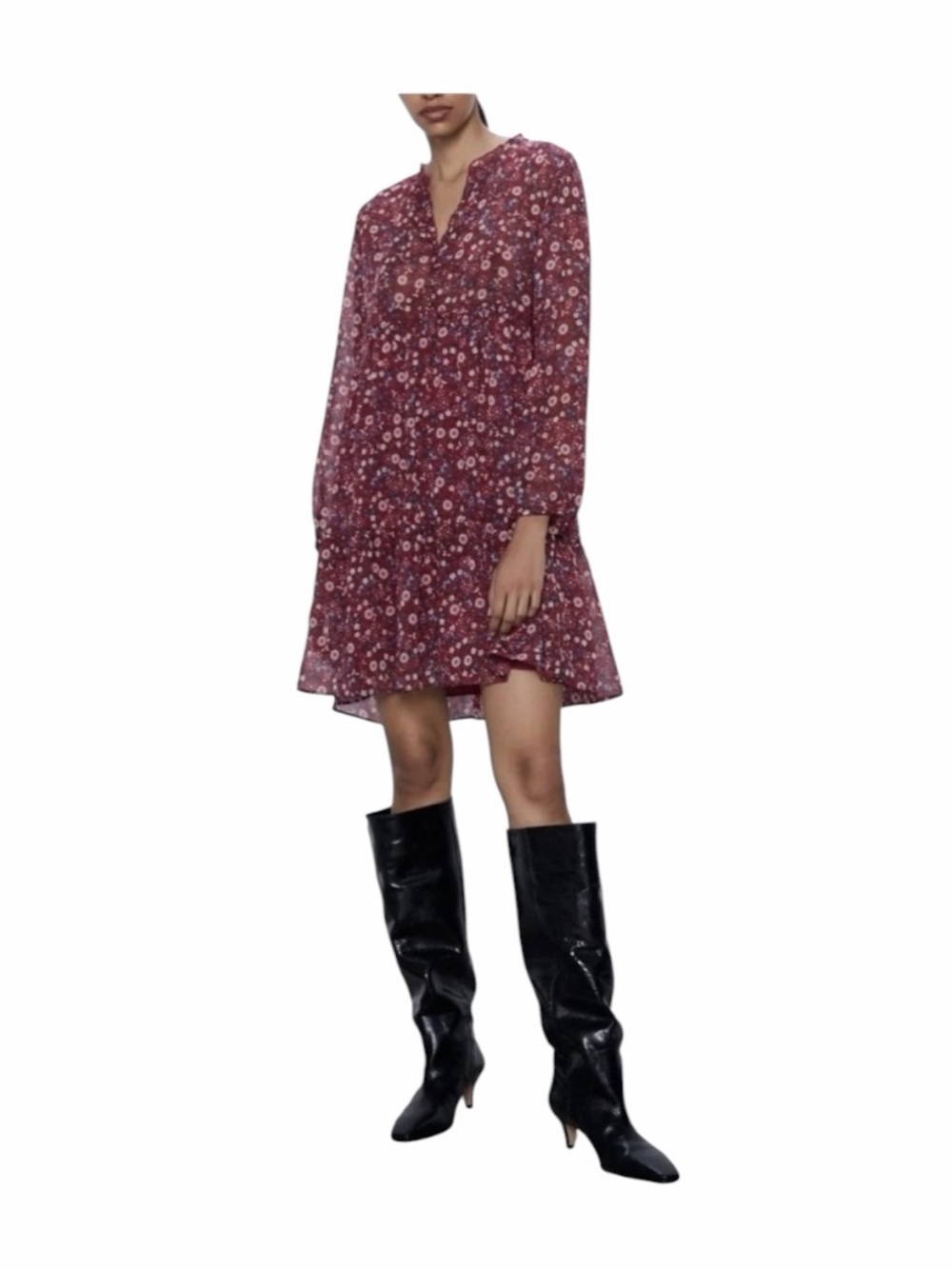 Zara Red Floral V-Neck Long Sleeve Semi Sheer Tiered Mini
Babydoll Dress Sz XS